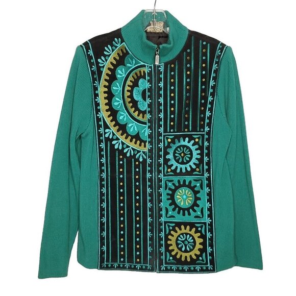 Bob Mackie Suede Sweater Jacket S Embroidered Floral Geometric Green Black - Picture 1 of 6